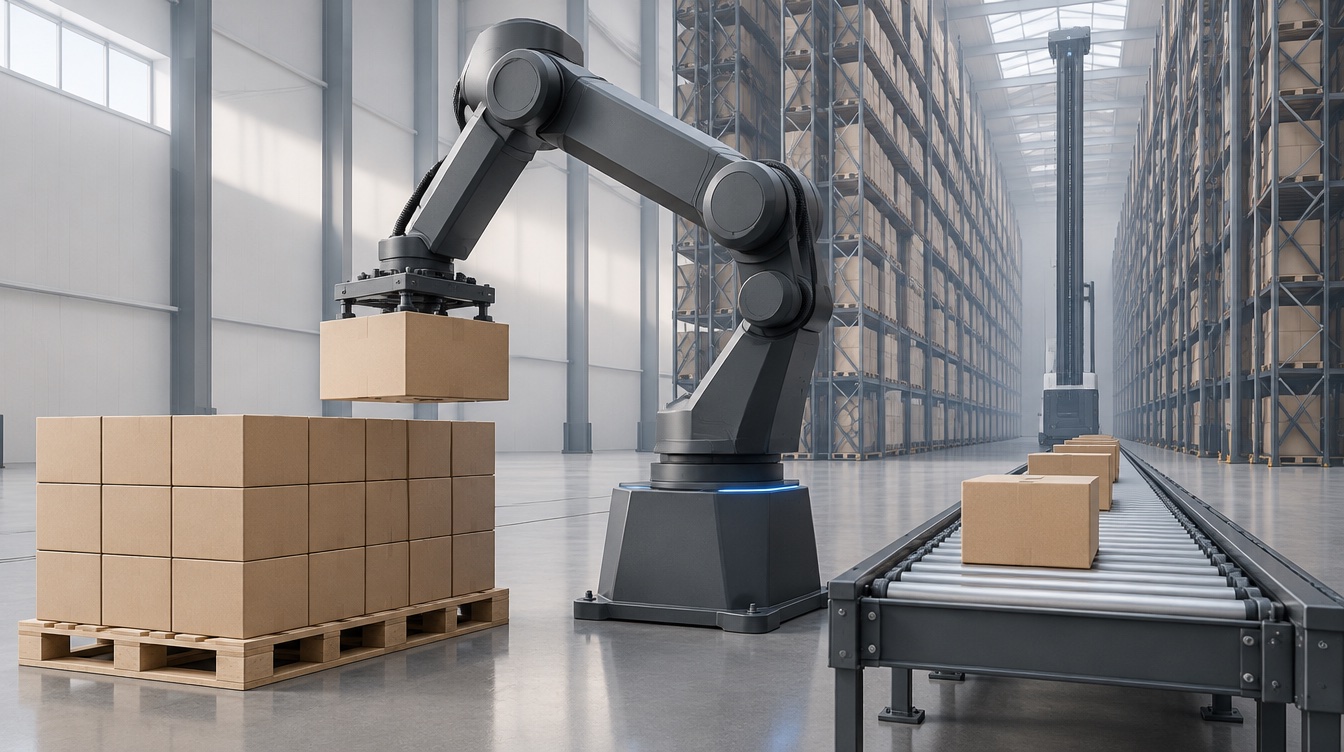 AI-gegenereerde illustratie, geen afbeelding van het genoemde robotmodel bij Quooker laat in nieuw distributiecentrum in Ridderkerk KUKA-robots dozen depalletiseren