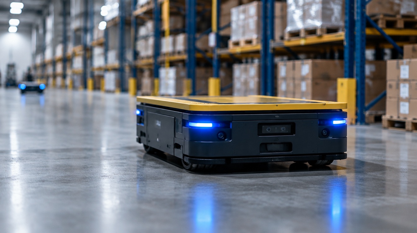 Mobiele transportrobot tussen stellingen in een magazijn