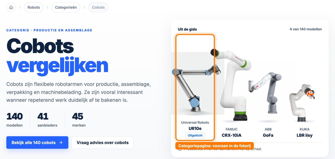 Categoriepagina met de uitgelichte robot vooraan in de fotorij, omkaderd