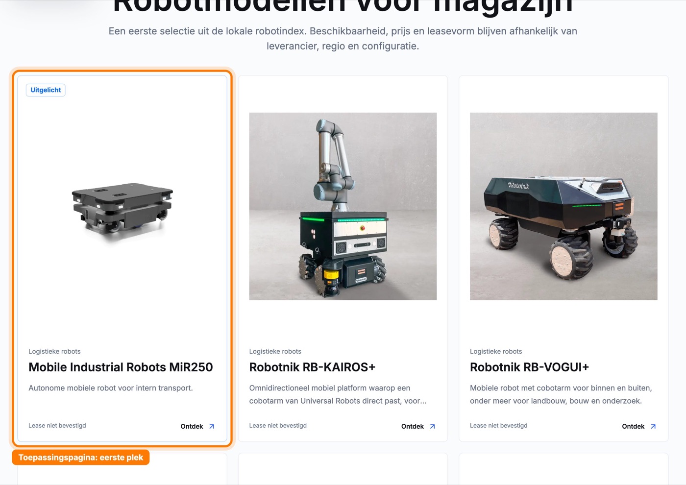Toepassingspagina met de uitgelichte robot op de eerste plek, omkaderd