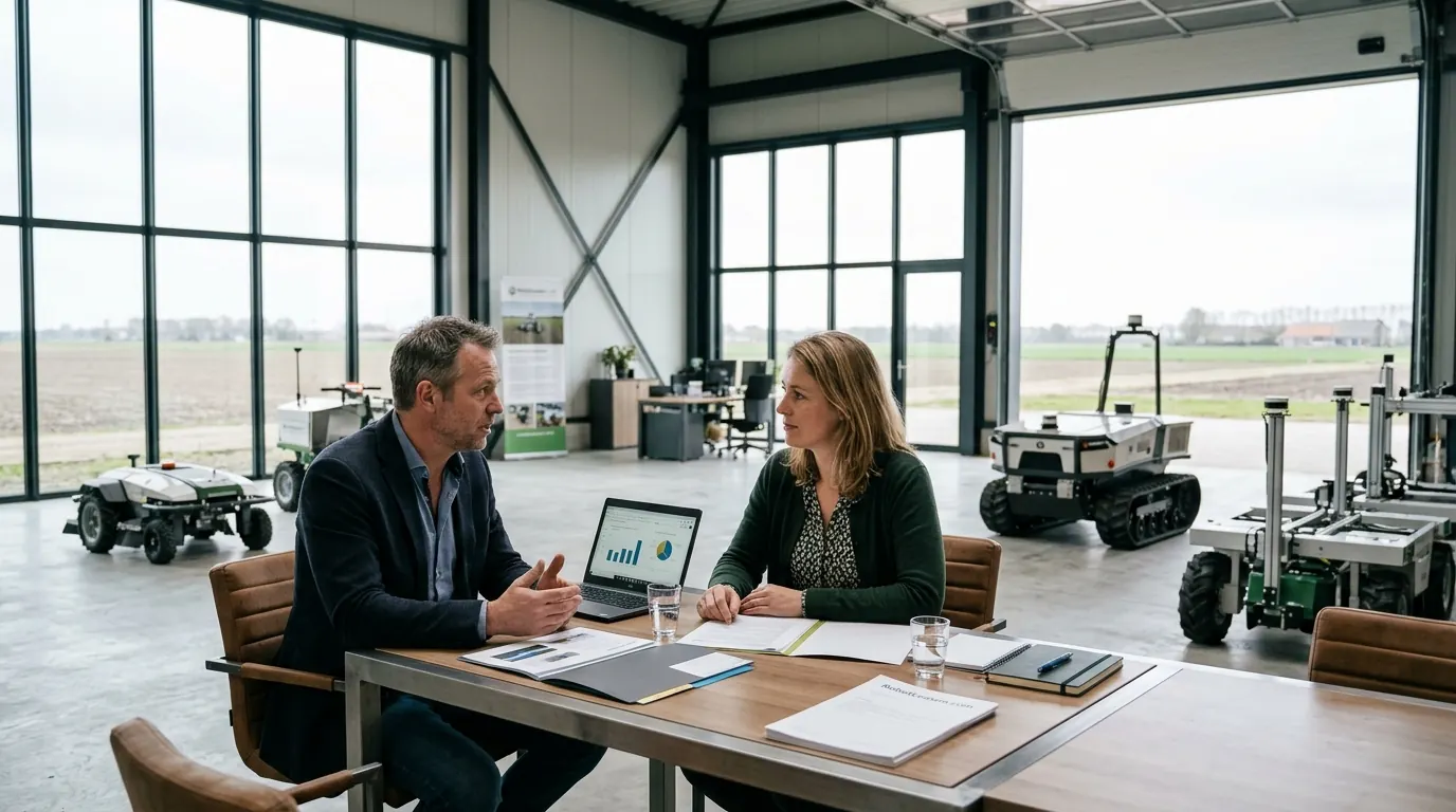 Twee mensen in overleg in een bedrijfshal aan de rand van akkers, met landbouwrobots