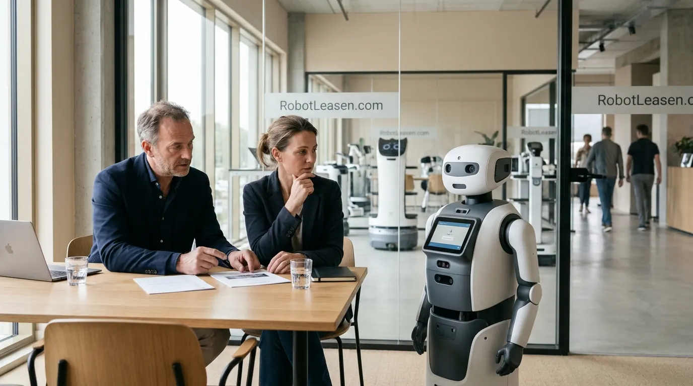 Twee mensen in overleg aan tafel, met sociale servicerobots op de achtergrond