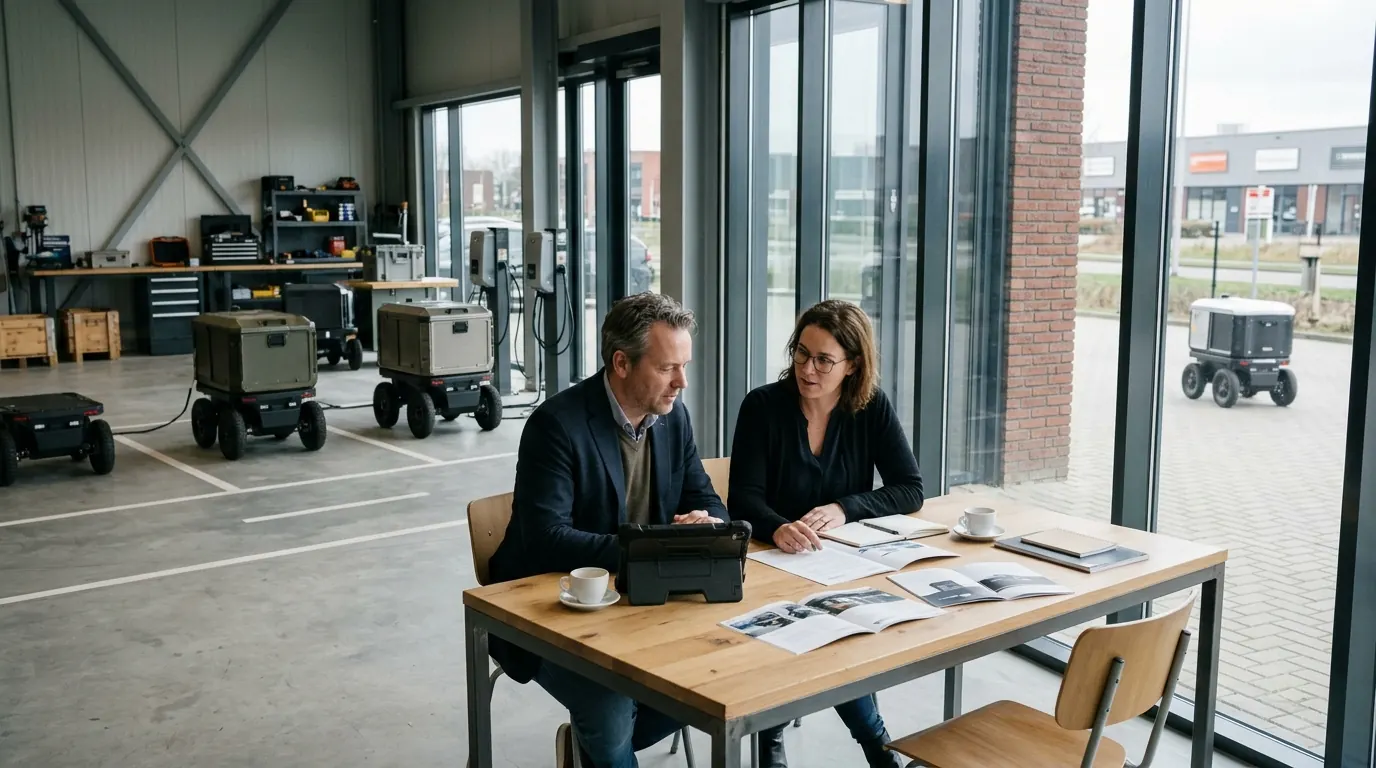 Twee mensen in overleg naast een laadplek met bezorgrobots