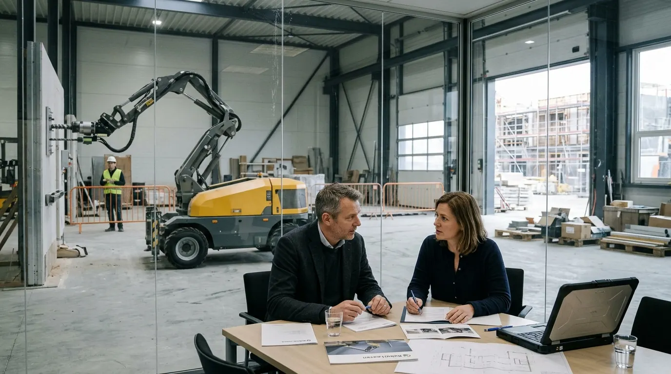 Two people talking in a construction hall with a demolition and construction robot