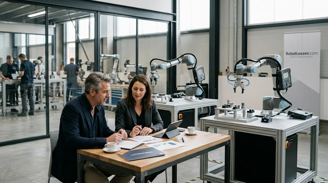 Twee mensen in overleg naast werktafels met cobots