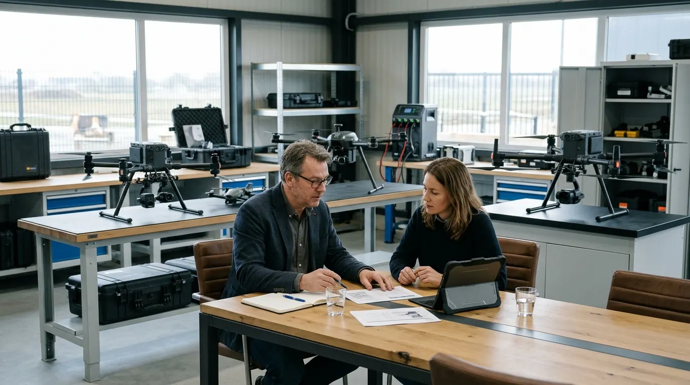 Twee mensen in overleg in een werkplaats met inspectiedrones