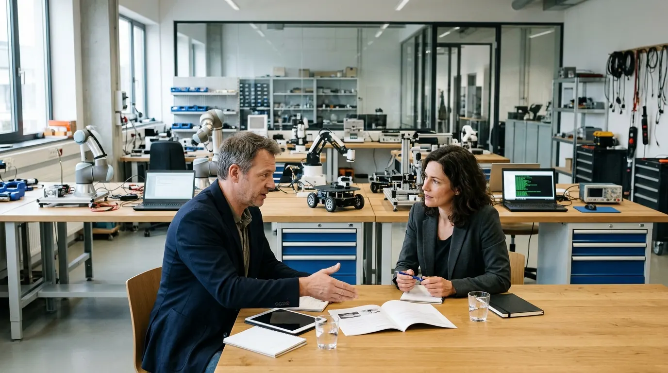 Twee mensen in overleg in een lokaal met kleine robotarmen en mobiele robots