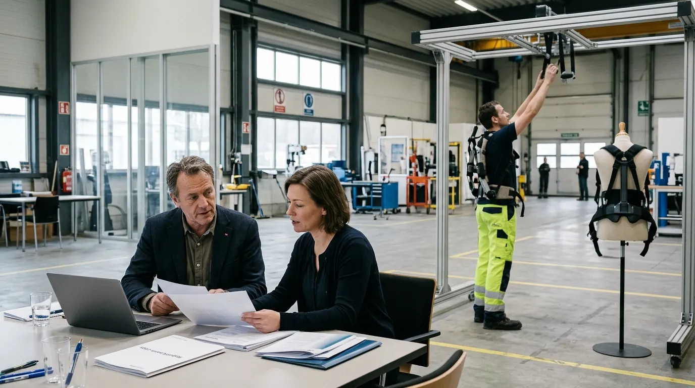 Twee mensen in overleg in een werkplaats waar een medewerker een exoskelet draagt