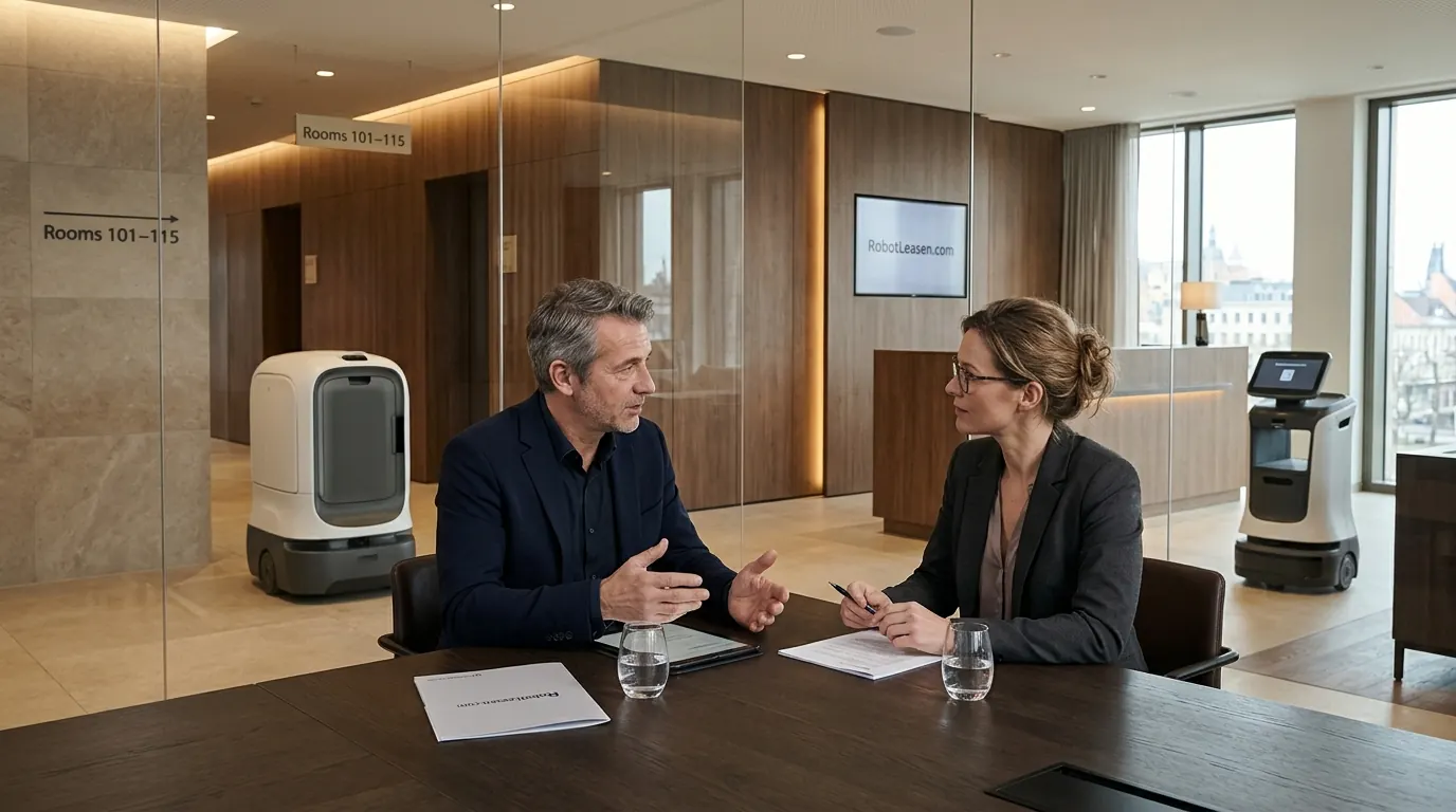 Twee mensen in overleg in een hotellobby met robots voor gasten