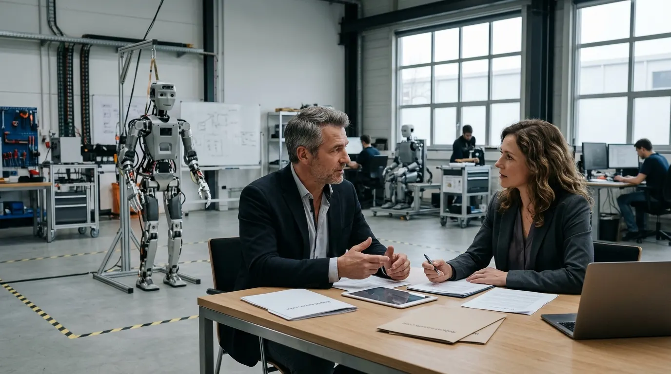 Twee mensen in overleg in een werkplaats met humanoid robots