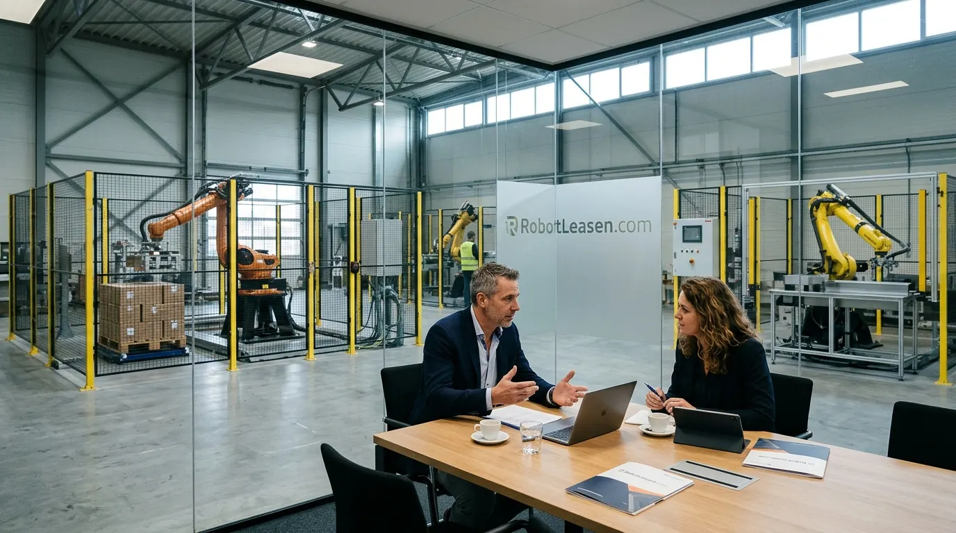 Two people talking next to robot cells with industrial robot arms