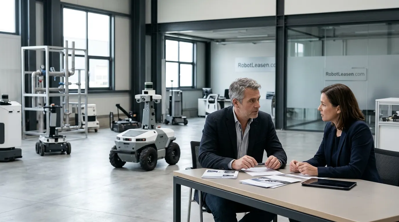 Twee mensen in overleg in een hal met inspectie- en beveiligingsrobots