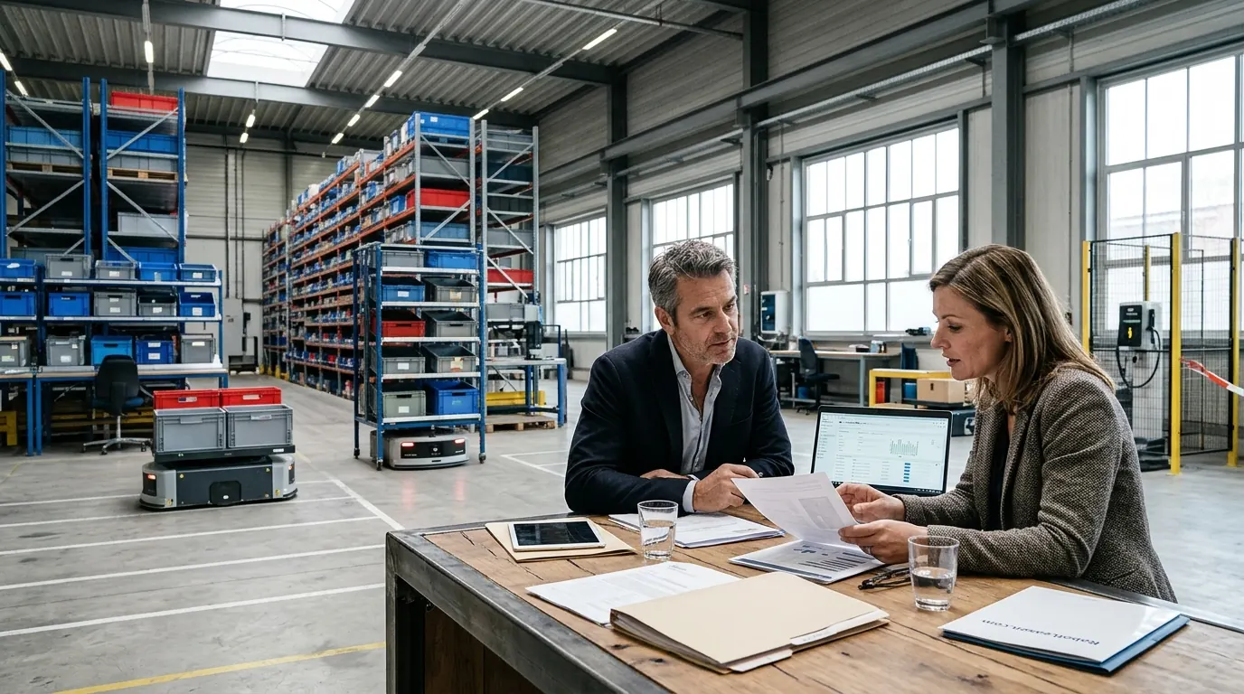 Twee mensen in overleg in een magazijn met stellingen en robots voor bakken