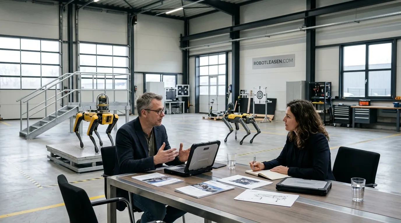 Twee mensen in overleg in een testhal met robothonden