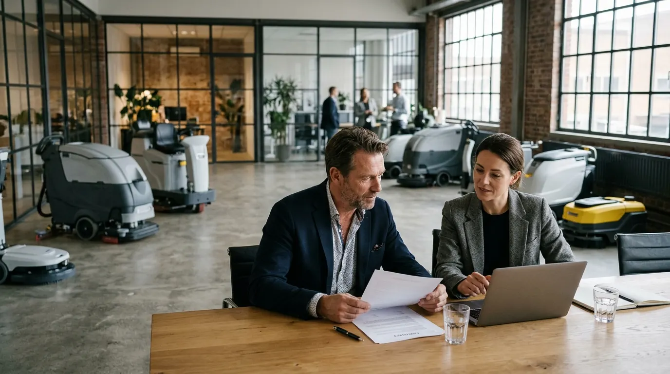 Twee mensen in overleg in een bedrijfspand met schoonmaakrobots