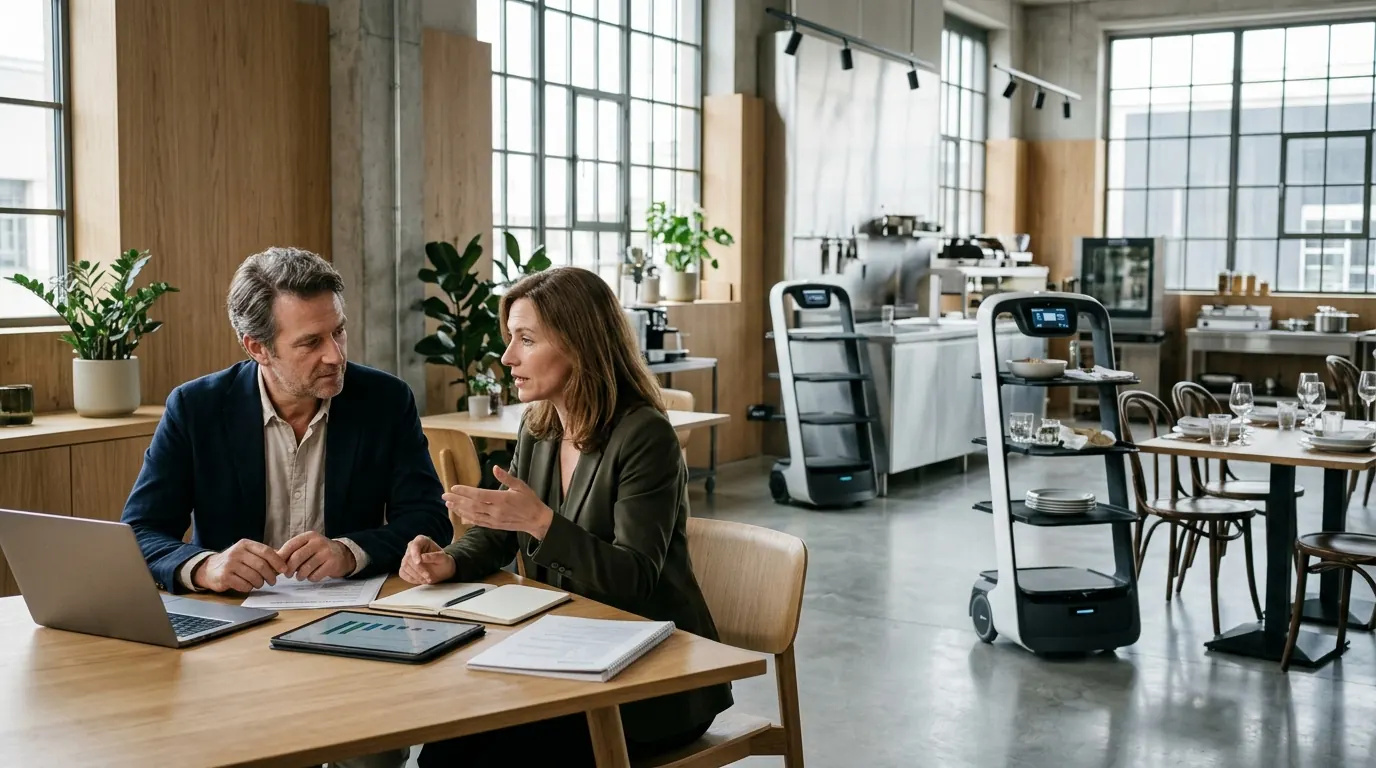 Twee mensen in overleg in een restaurant met serveerrobots